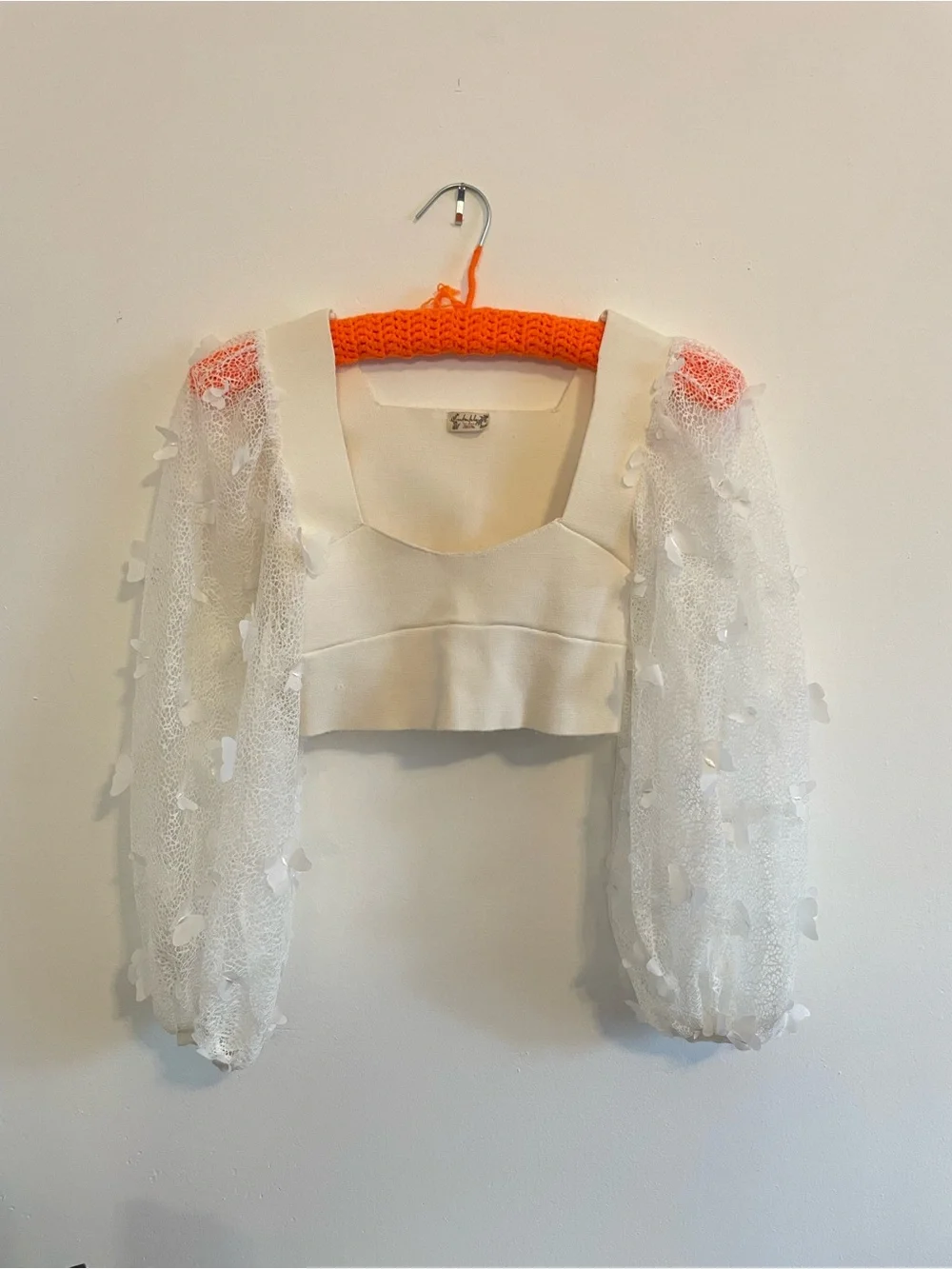 Free People Ivory Square-Neck Sheer Puff-Sleeve Crop Top